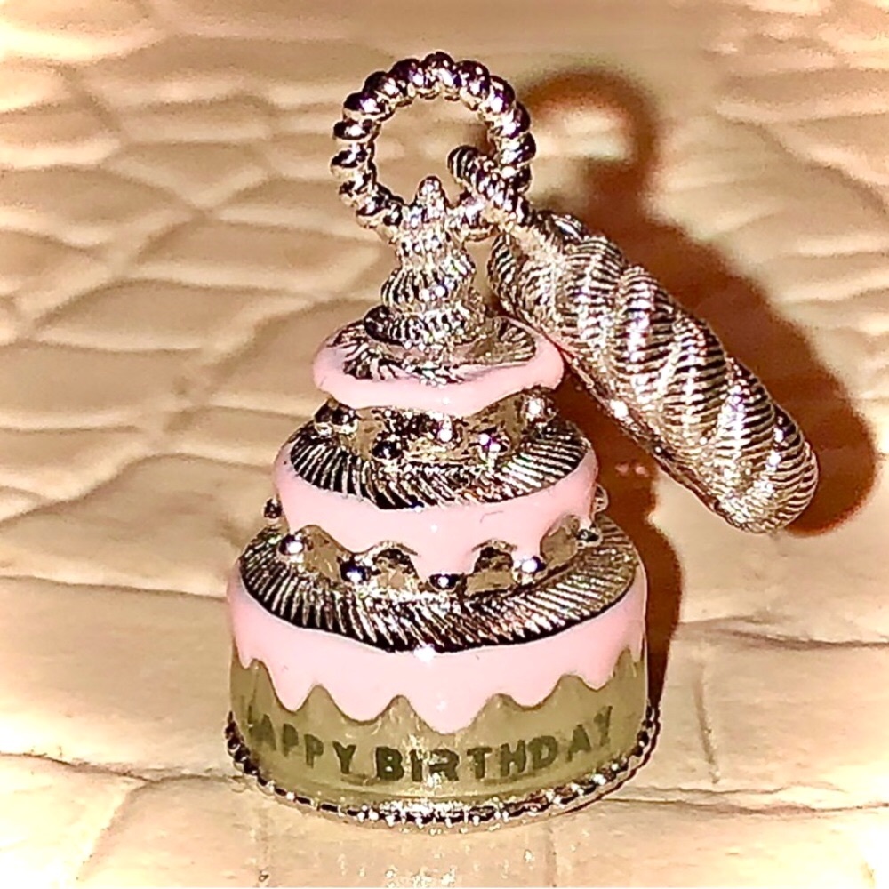 RARE Judith Ripka Sterling Silver & Pink Enamel Happy Birthday Cake Pendant